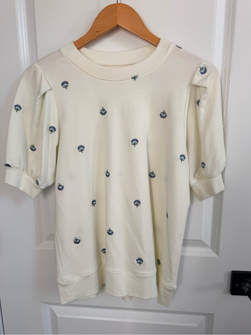 summersalt Cream Puff-Sleeve Sweatshirt with Blue Dot Embroidery